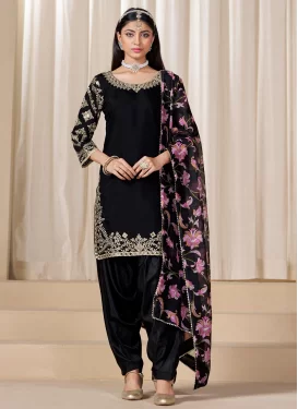 Black Silk Blend Embroidered Work Punjabi Salwar Suit for Women