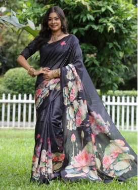 Black Tussar Silk Digital Print Work Classic Saree for Women