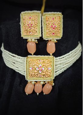 Blissful Alloy Beads Work Off White and Peach Gold Rodium Polish Necklace Set