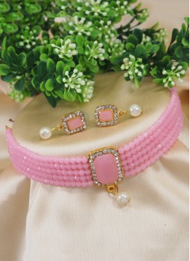 Blissful Alloy Beads Work Pink and White Necklace Set