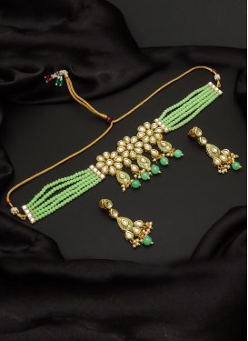 Blissful Alloy Gold Rodium Polish Beads Work Mint Green and White Necklace Set