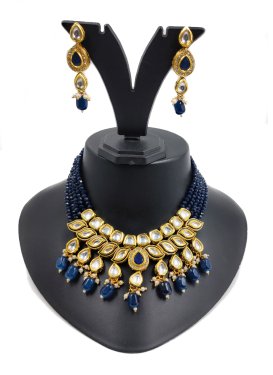 Blissful Alloy Gold Rodium Polish Beads Work Navy Blue and White Necklace Set