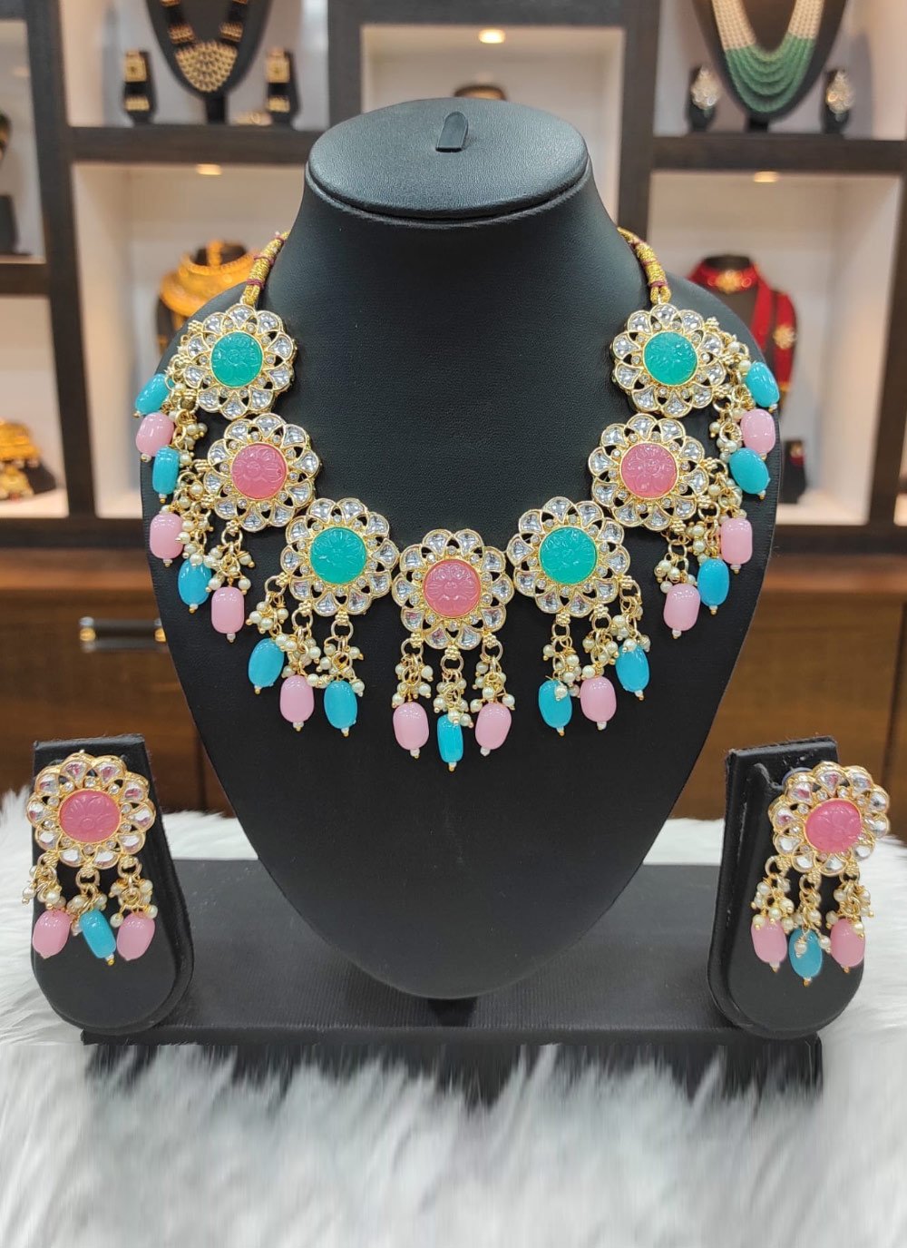 Blissful Alloy Gold Rodium Polish Moti Work Pink and Sea Green Jewellery Set