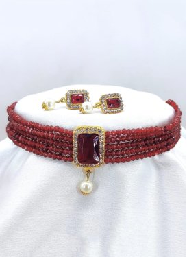 Blissful Alloy Maroon and White Beads Work Necklace Set