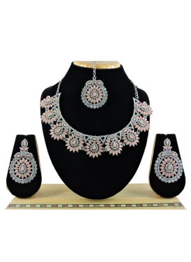 Blissful Alloy Peach and Silver Color Stone Work Necklace Set