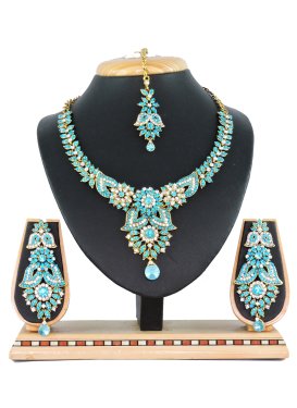 Blissful Alloy Stone Work Turquoise and White Gold Rodium Polish Necklace Set