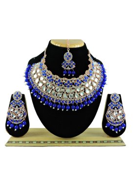Blissful Blue and White Beads Work Necklace Set For Festival