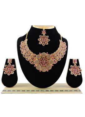 Blissful Gold and Pink Stone Work Gold Rodium Polish Necklace Set