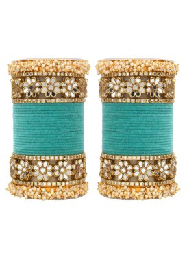 Blissful Gold Rodium Polish Beads Work Alloy Off White and Turquoise Bangles For Party