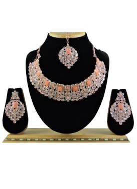 Blissful Peach and White Alloy Necklace Set For Festival