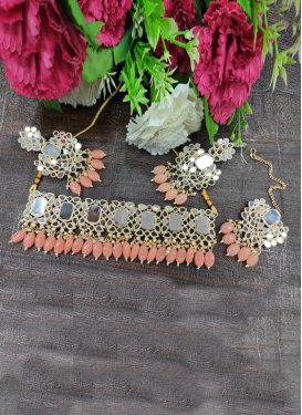 Blissful Salmon and White Mirror Work Gold Rodium Polish Necklace Set