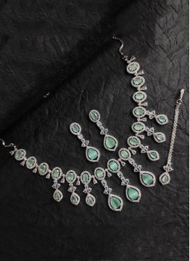 Blissful Silver Rodium Polish Sea Green and White Necklace Set For Festival