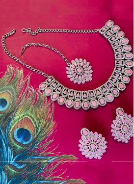 Blissful Silver Rodium Polish Stone Work Pink and White Necklace Set for Festival