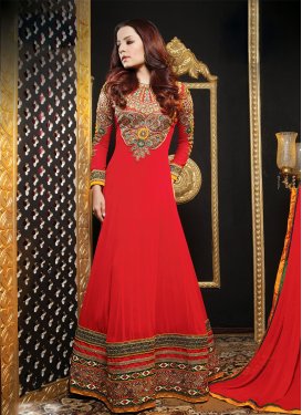 Blooming Red Color Celina Jaitly Long Length Anarkali Salwar Kameez