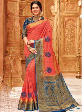 Blue and Coral Woven Work Art Silk Trendy Classic Saree