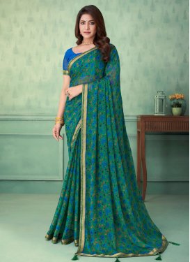 Blue and Green Faux Chiffon Designer Contemporary Style Saree For Casual