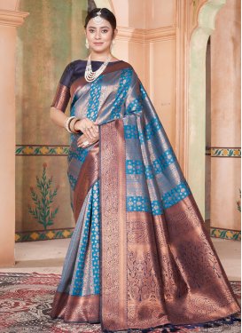 Blue and Navy Blue Kanjivaram Silk Designer Contemporary Saree For Ceremonial