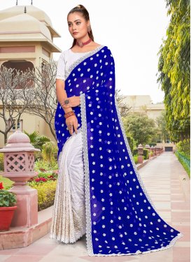 Blue and Off White Faux Georgette Half N Half Saree
