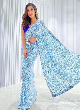 Blue and Off White Sequins Work Designer Contemporary Style Saree