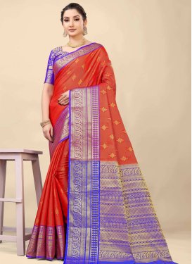 Blue and Red Banarasi Silk Traditional Designer Saree For Ceremonial