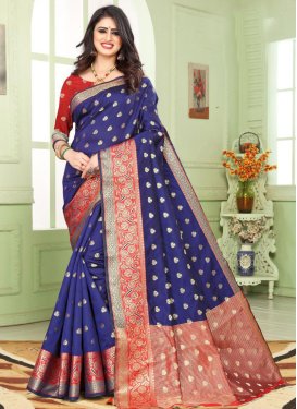 Blue and Red Designer Contemporary Saree For Casual