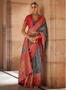 Blue and Red Silk Blend Designer Traditional Saree
