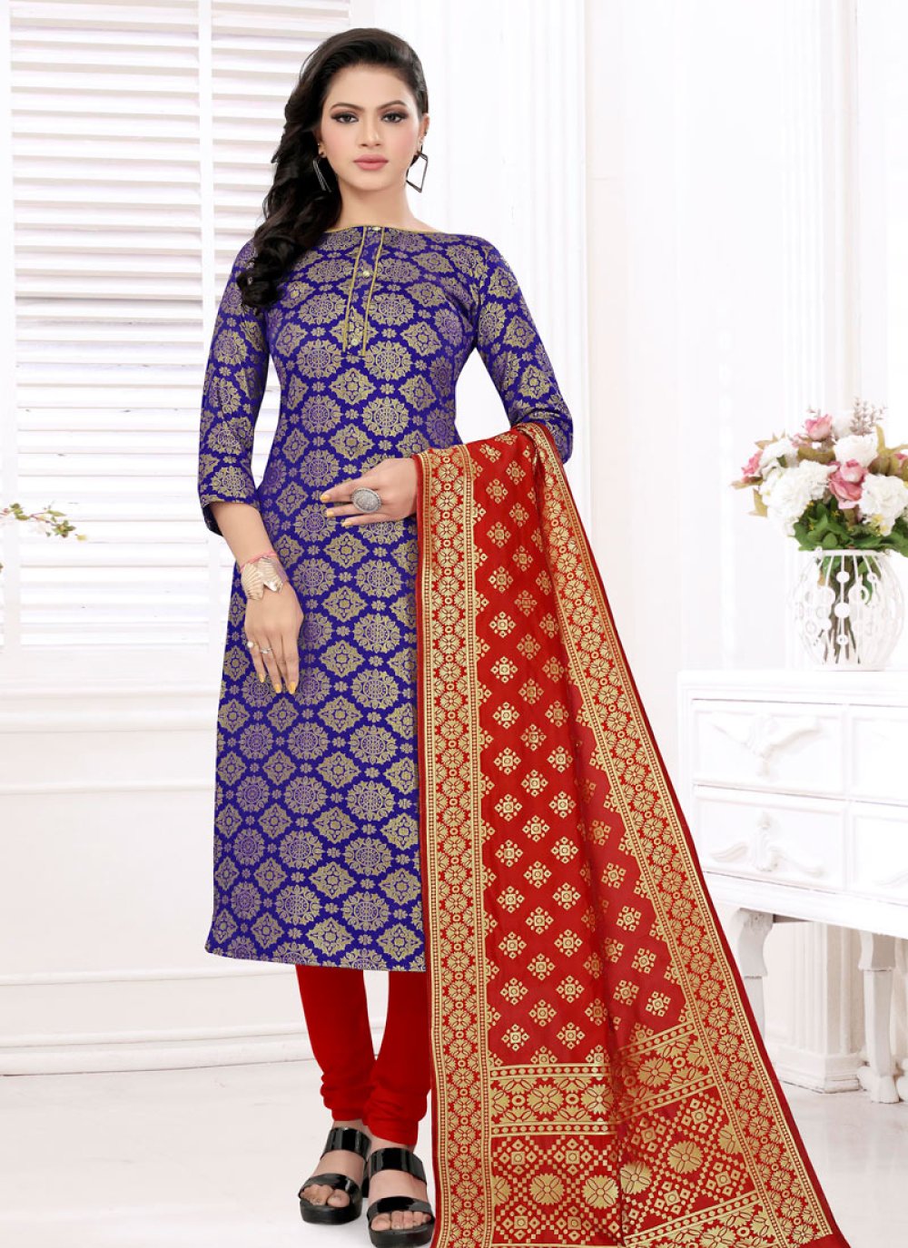 Blue and Red Trendy Churidar Suit For Casual
