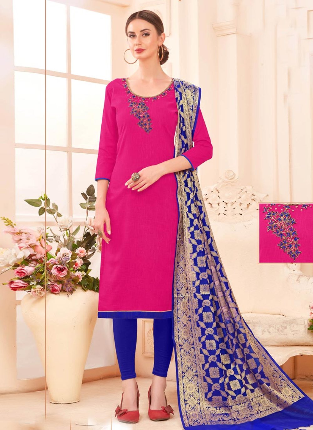 Blue and Rose Pink Embroidered Work Pant Style Designer Salwar Suit
