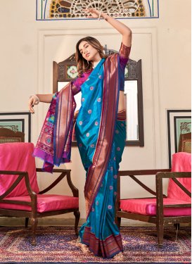 Blue and Rose Pink Woven Work Designer Contemporary Style Saree
