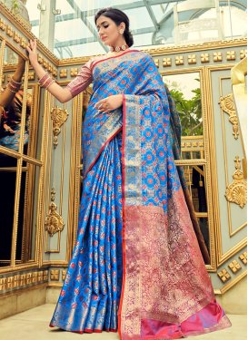 Blue and Rose Pink Woven Work Traditional Designer Saree