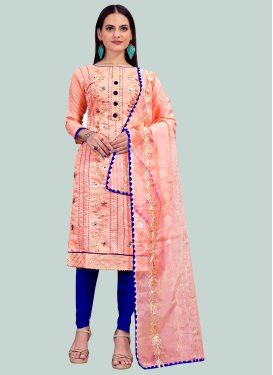 Blue and Salmon Chanderi Silk Gota Patti Work Churidar Suit for Women