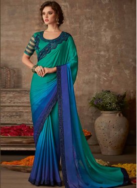 Blue and Sea Green Embroidered Work Classic Saree