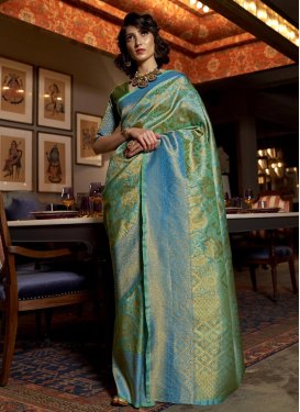 Blue and Sea Green Woven Work Traditional Designer Saree