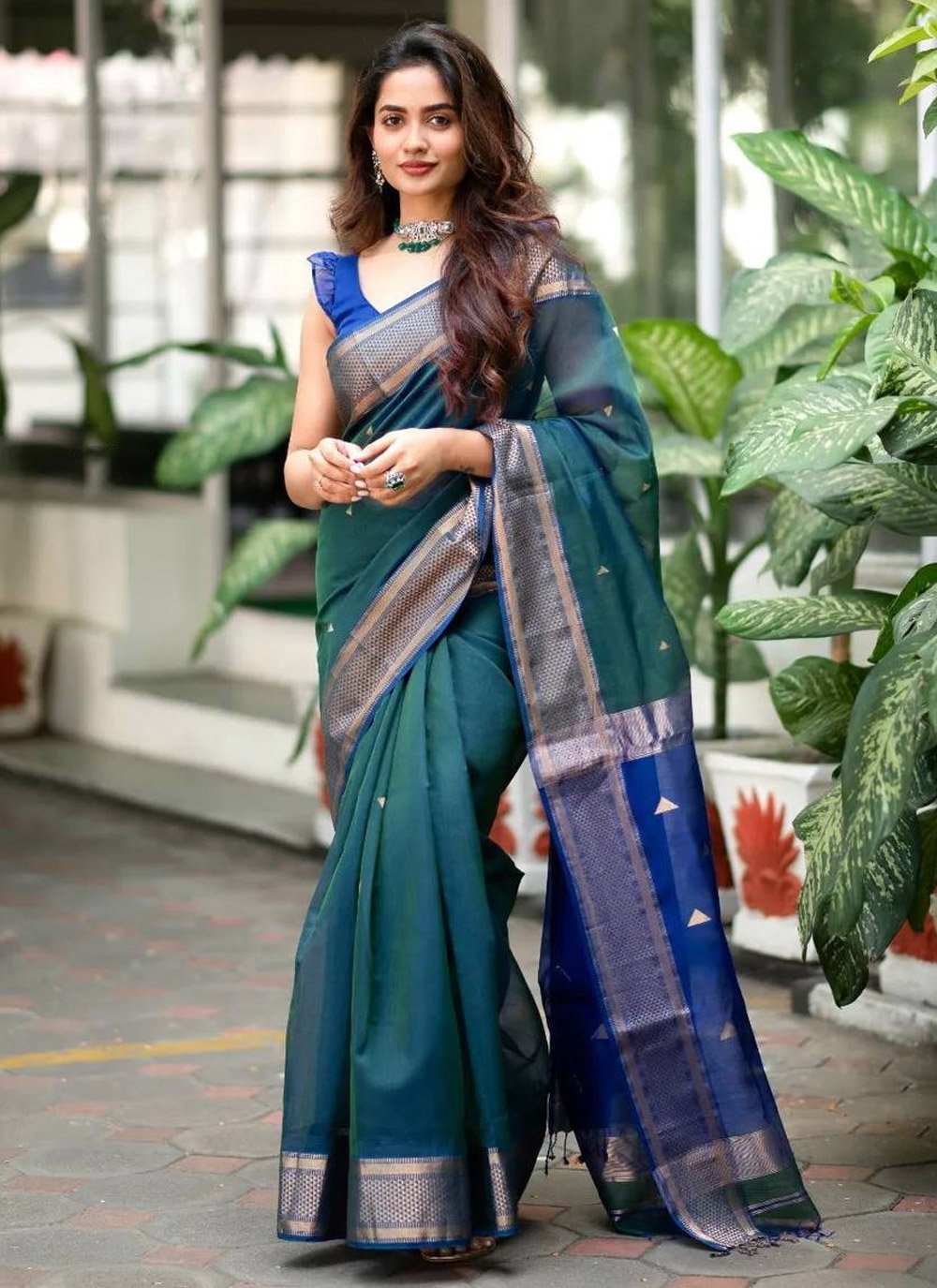 Blue and Teal Silk Blend Designer Contemporary Style Saree