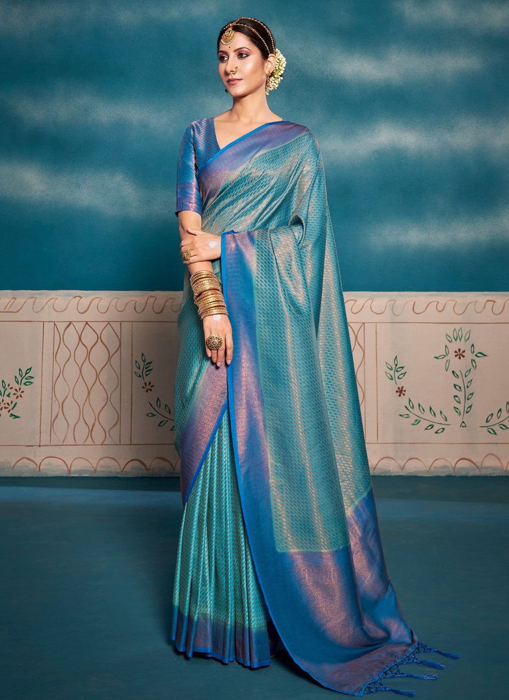 Blue and Turquoise Designer Contemporary Saree For Ceremonial