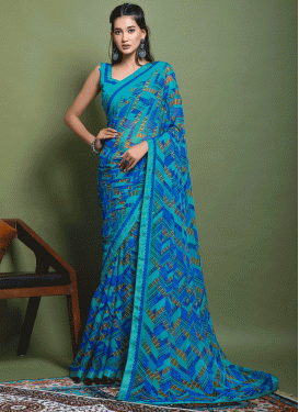 Blue and Turquoise Faux Chiffon Traditional Designer Saree