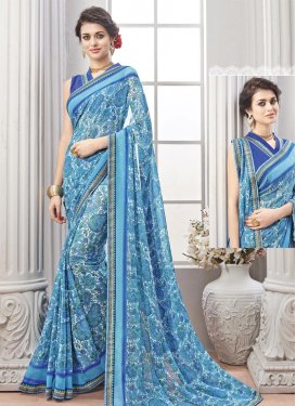 Blue and White Faux Chiffon Contemporary Saree For Ceremonial
