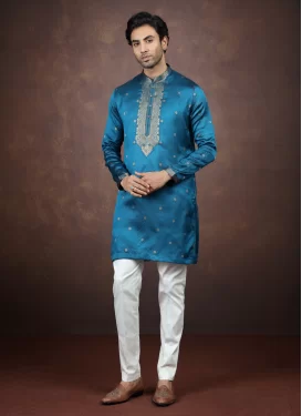 Blue and White Jacquard Silk Woven Work Kurta Pajama for Men