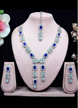 Blue and White Stone Work Silver Rodium Polish Necklace Set