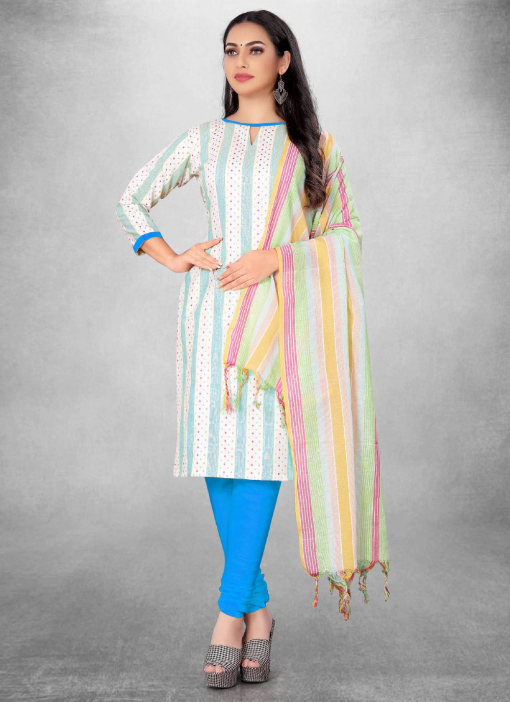 Blue and White Trendy Churidar Suit For Casual