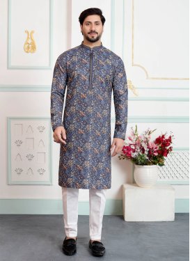 Blue Art Silk Digital Print Work Kurta Pajama for Men