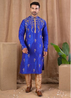 Blue Art Silk Kurta Pajama with Embroidered Work for Party