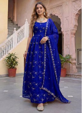 Blue Fendi Silk Embroidered Work Anarkali Suit for Women