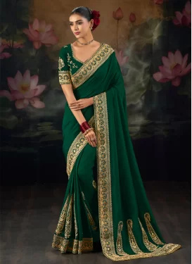 Booti Work Silk Traditional Saree in Green for Women