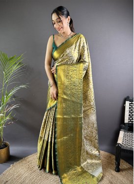 Bottle Green and Gold Kanjivaram Silk Classic Saree with Woven Work for Ceremonial