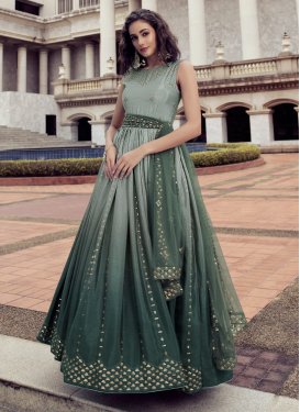 Bottle Green and Grey Sequins Work Gown