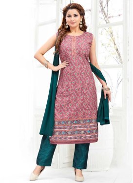 Bottle Green and Hot Pink Print Work Cotton Readymade Designer Salwar Suit