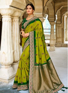 Bottle Green and Olive Embroidered Work Designer Contemporary Saree