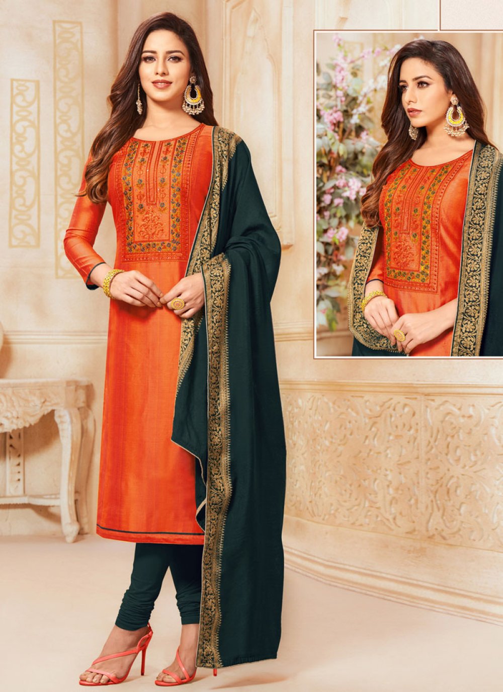 Buy Green and Orange Embroidered Cotton Churidar Designer Suit
