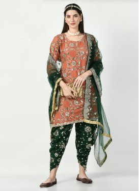 Bottle Green and Orange Faux Georgette Readymade Designer Salwar Suit